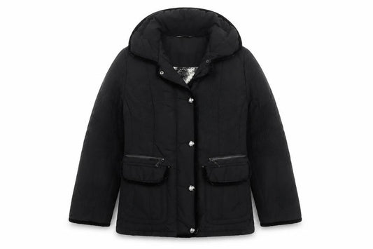 Front view of David Nieper Women's Black, size 12, Mid-Length Puffer Coat