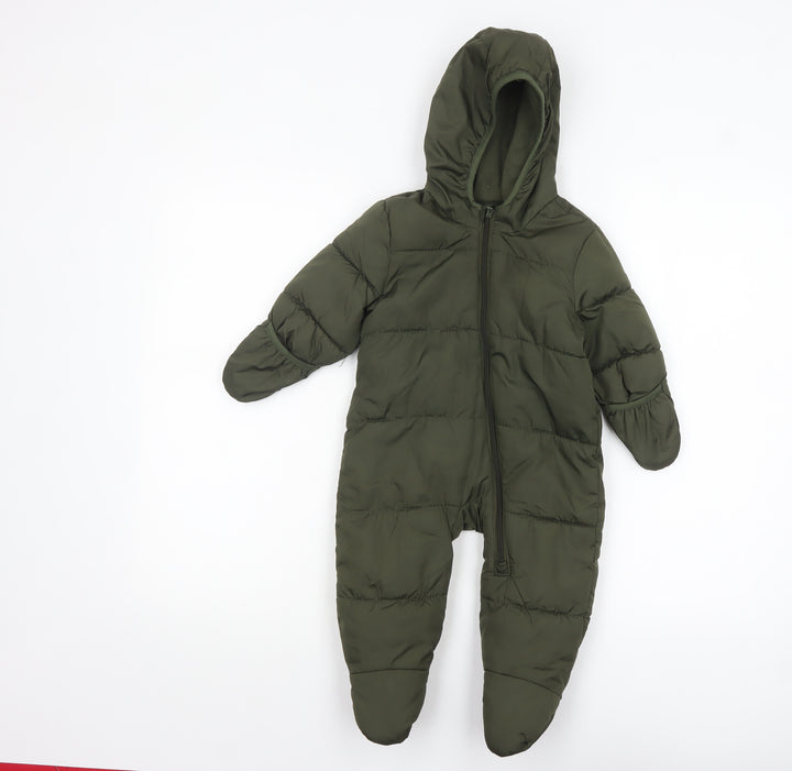 Old Navy Unisex Baby Green Puffer Snowsuit 6-9 Months Hooded Winter Suit