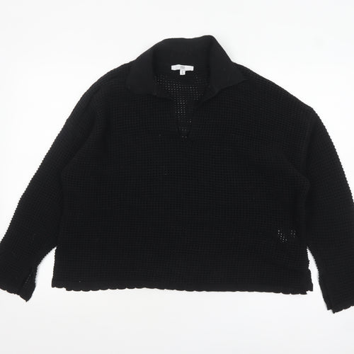 RR Women’s Black Collared Open-Knit Cotton Blend Pullover Jumper Size M