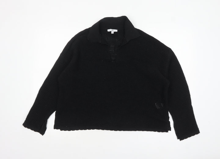 RR Women’s Black Collared Open-Knit Cotton Blend Pullover Jumper Size M