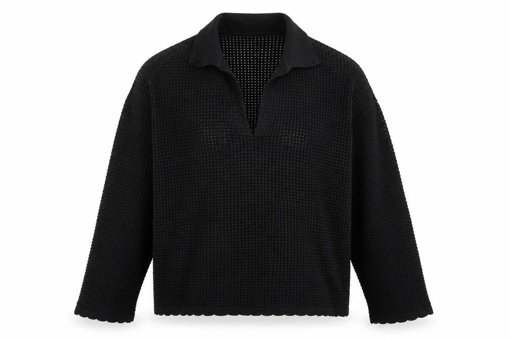 Front view of RR Women’s Black Collared Open-Knit Cotton Blend jumper, size M