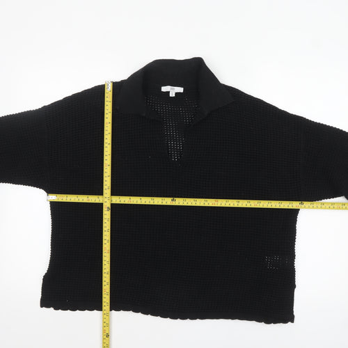 RR Women’s Black Collared Open-Knit Cotton Blend Pullover Jumper Size M