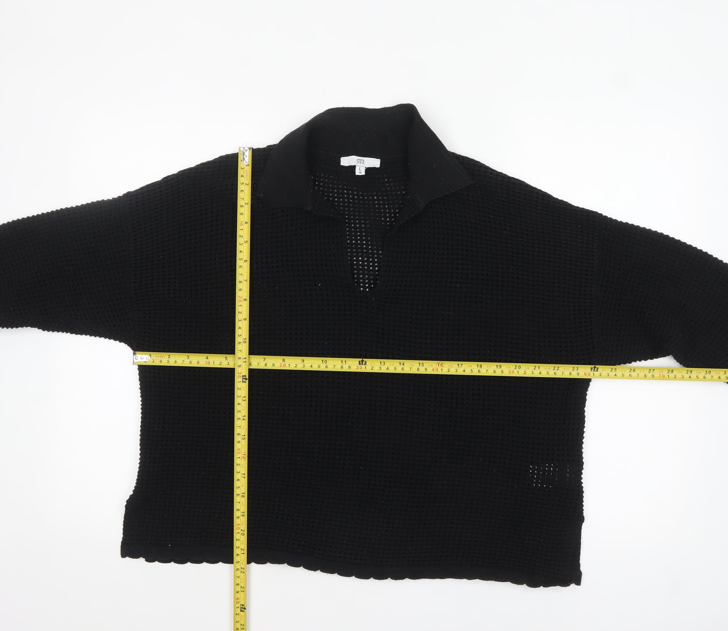 RR Women’s Black Collared Open-Knit Cotton Blend Pullover Jumper Size M