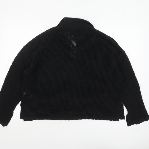 RR Women’s Black Collared Open-Knit Cotton Blend Pullover Jumper Size M