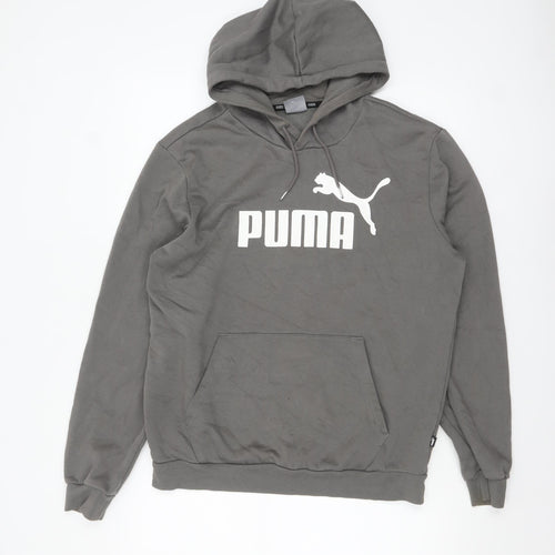 Puma Men Grey Pullover Hoodie M Logo Fleece Sweatshirt