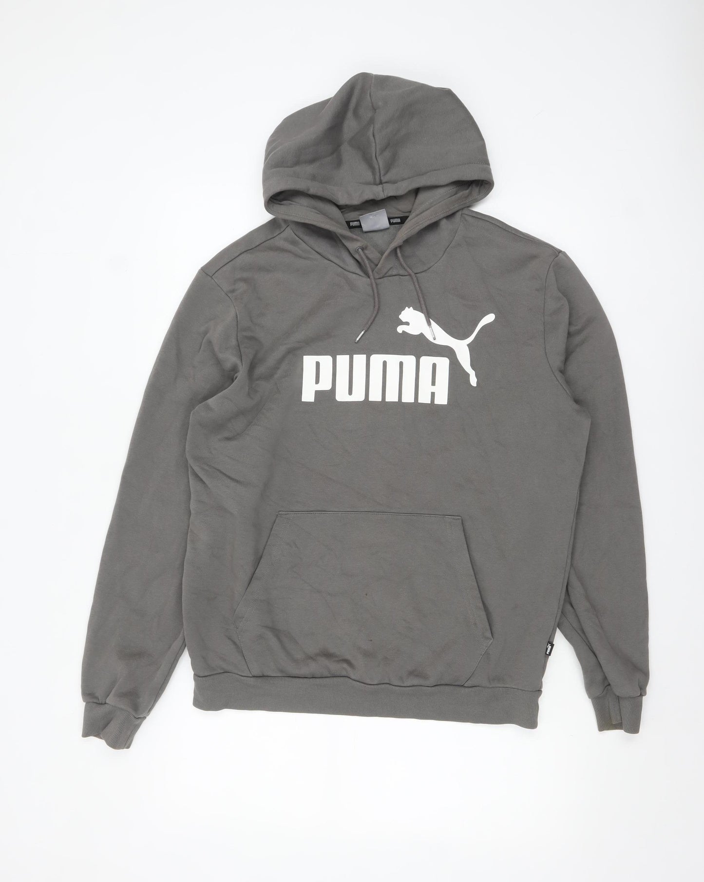 Puma Men Grey Pullover Hoodie M Logo Fleece Sweatshirt