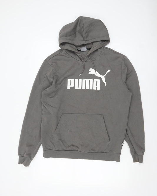 Puma Men Grey Pullover Hoodie M Logo Fleece Sweatshirt