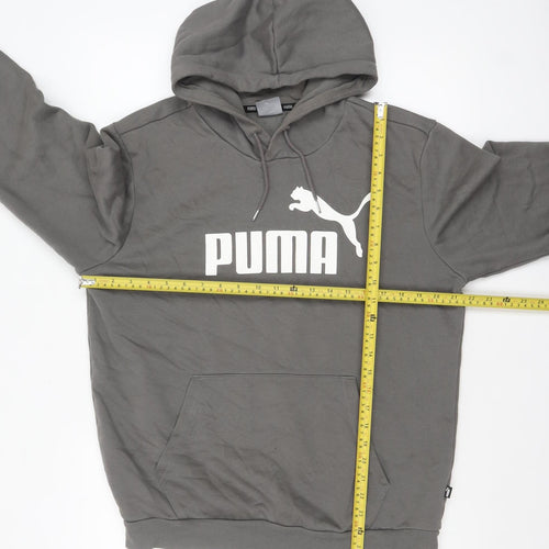Puma Men Grey Pullover Hoodie M Logo Fleece Sweatshirt