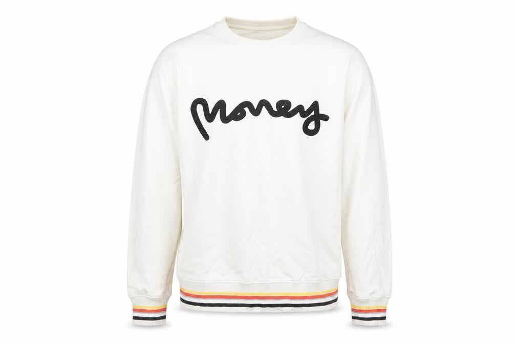 Front view of Money men’s white crew neck logo sweatshirt, size L