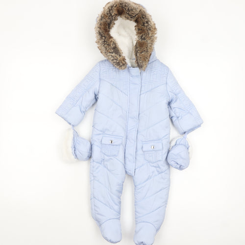 River Island Unisex Baby Blue Padded Faux Fur Hood Snowsuit 6-9 Months