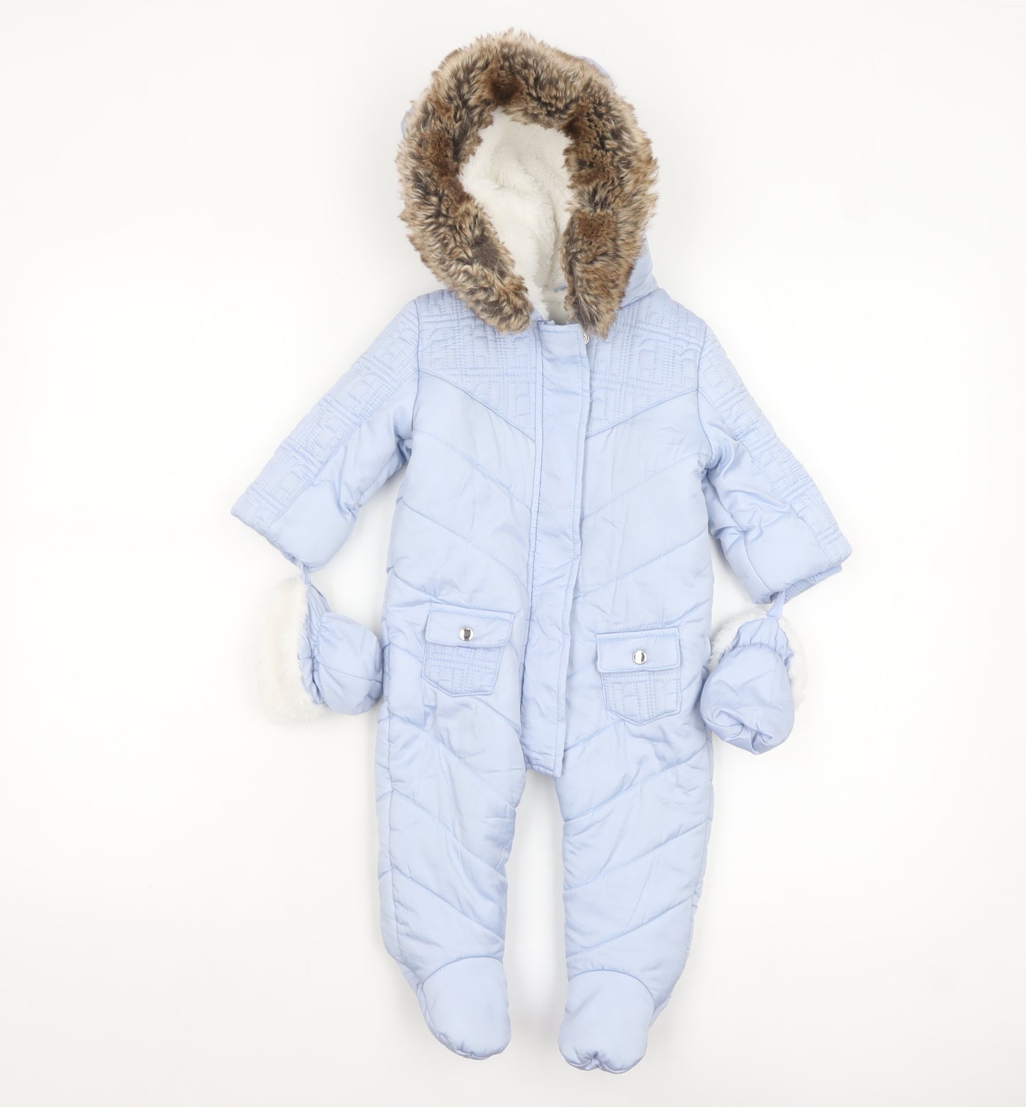 River Island Unisex Baby Blue Padded Faux Fur Hood Snowsuit 6-9 Months