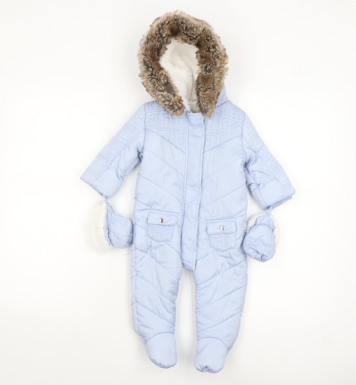 River Island Unisex Baby Blue Padded Faux Fur Hood Snowsuit 6-9 Months