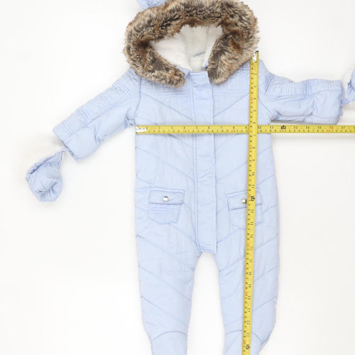 River Island Unisex Baby Blue Padded Faux Fur Hood Snowsuit 6-9 Months
