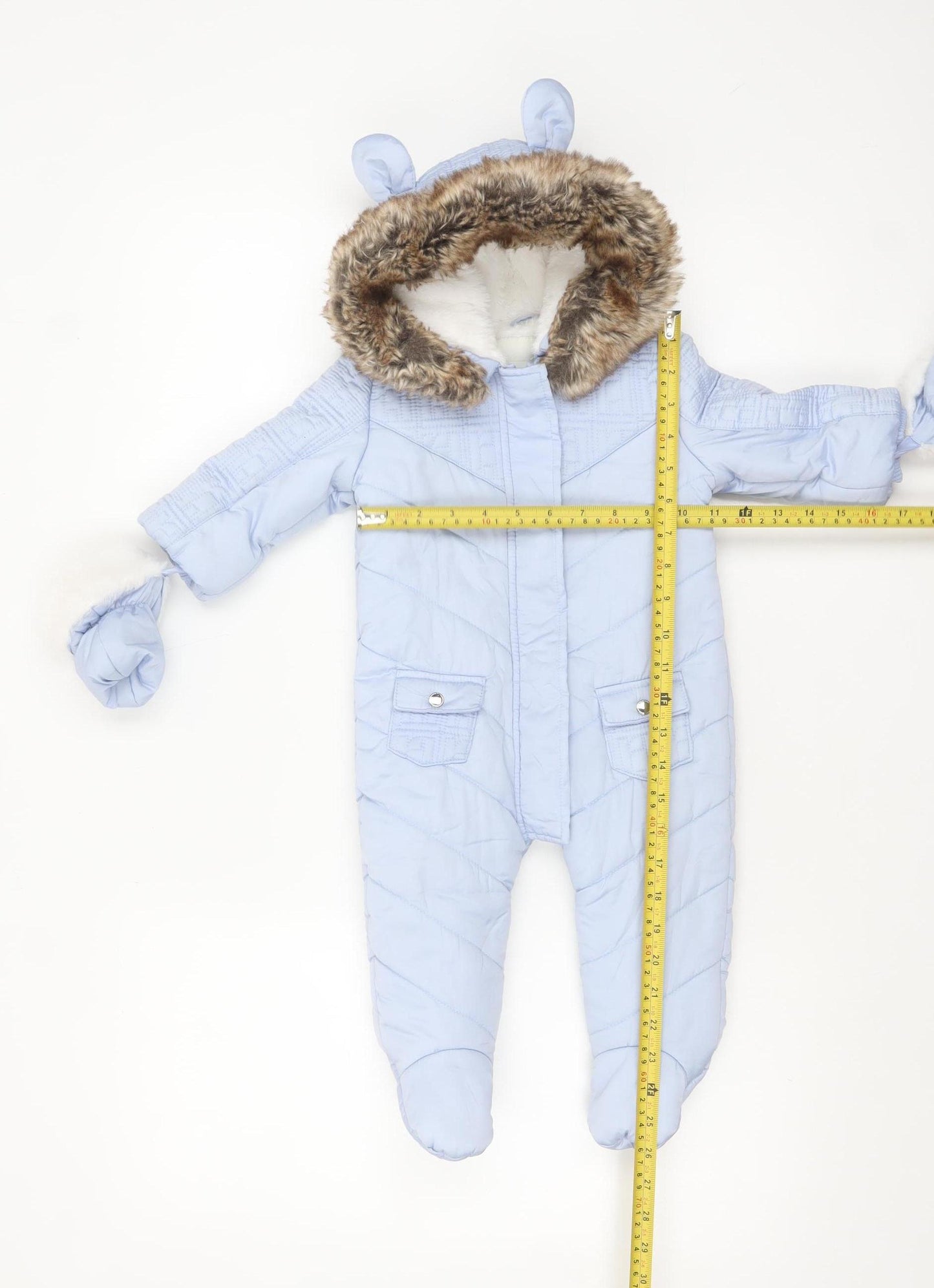 River Island Unisex Baby Blue Padded Faux Fur Hood Snowsuit 6-9 Months
