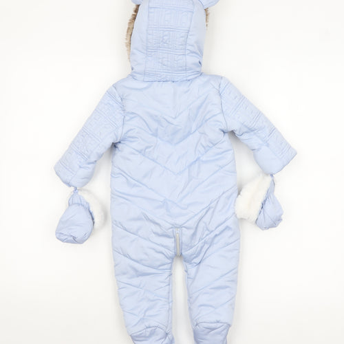 River Island Unisex Baby Blue Padded Faux Fur Hood Snowsuit 6-9 Months