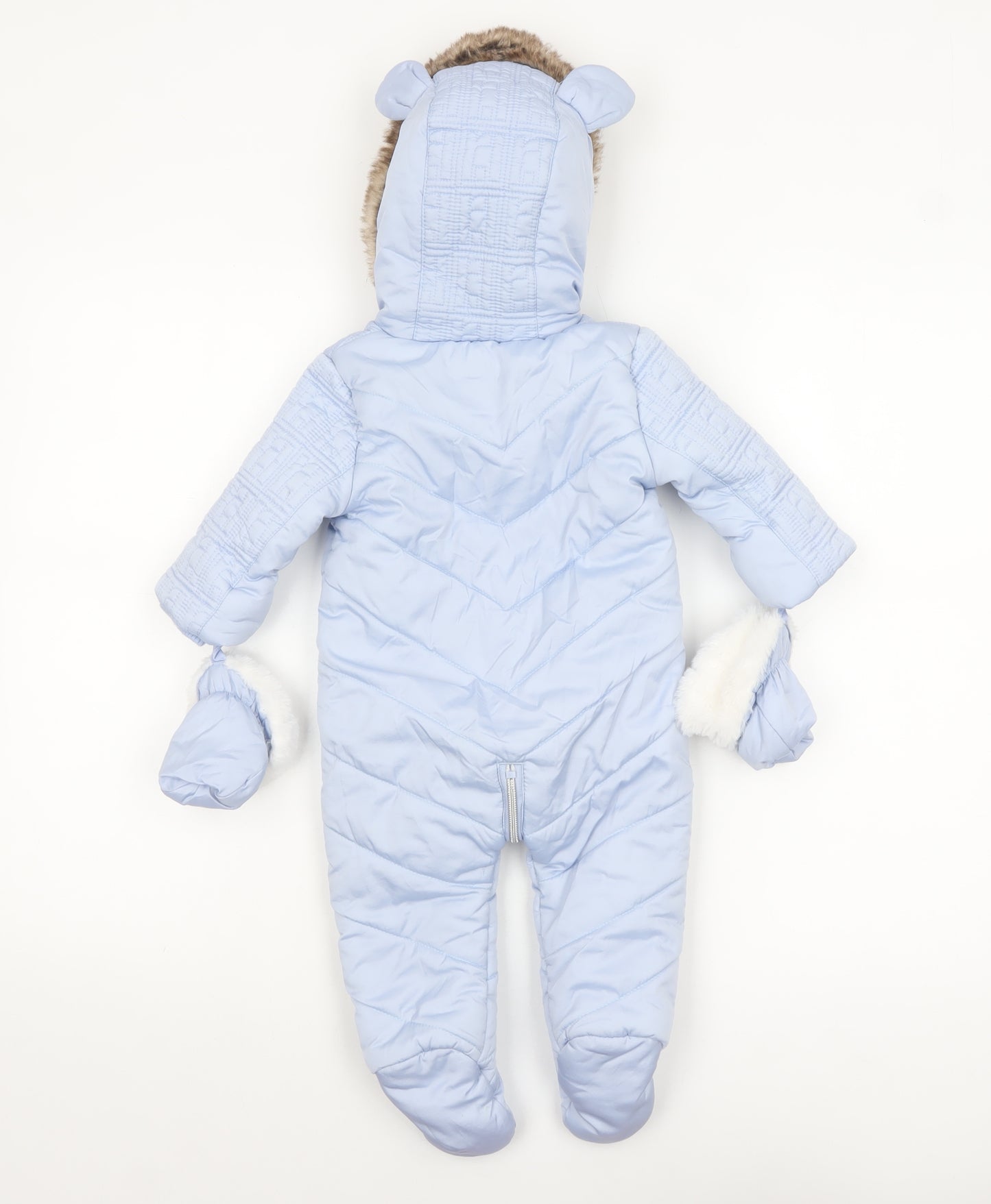 River Island Unisex Baby Blue Padded Faux Fur Hood Snowsuit 6-9 Months