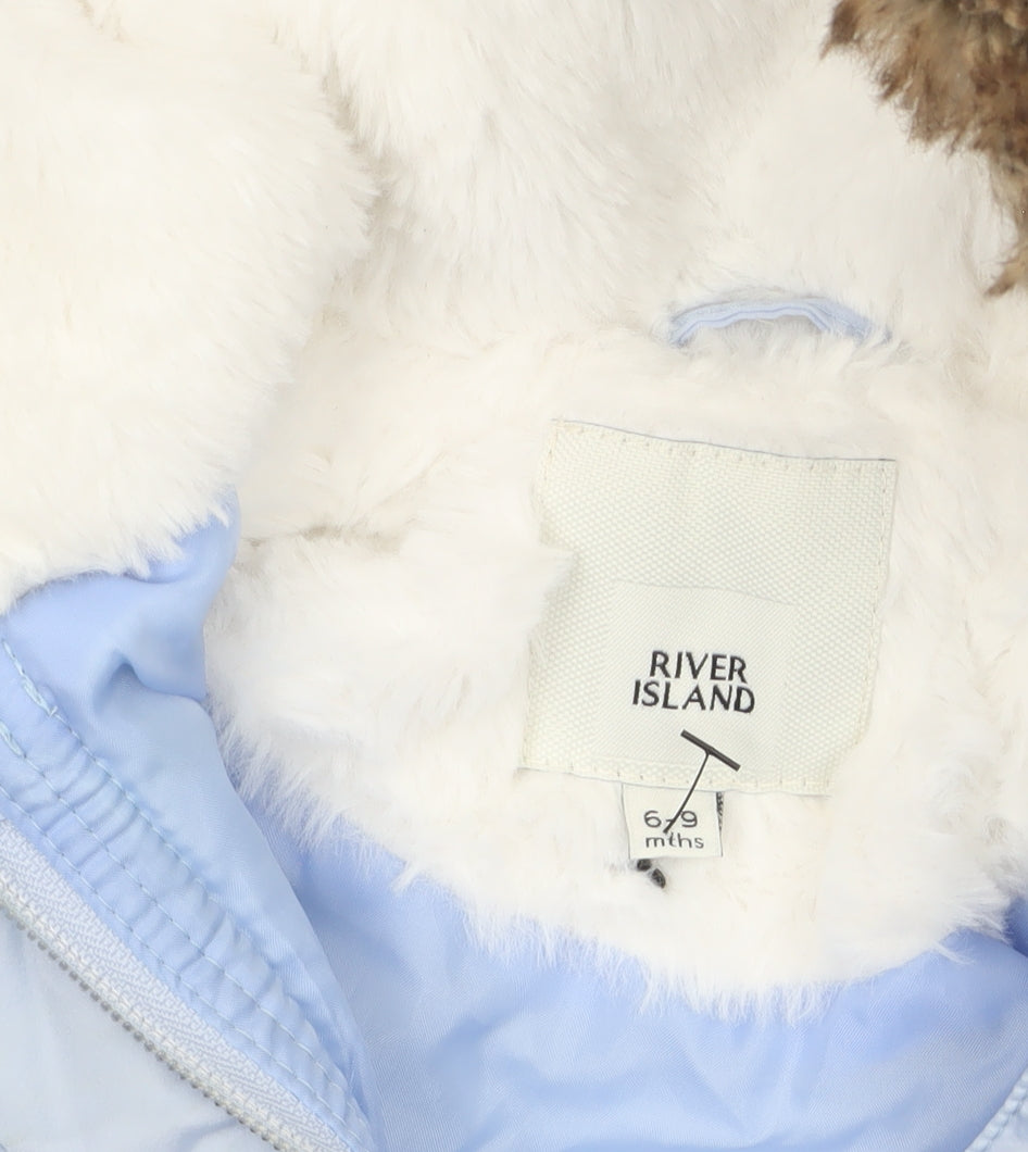 River Island Unisex Baby Blue Padded Faux Fur Hood Snowsuit 6-9 Months