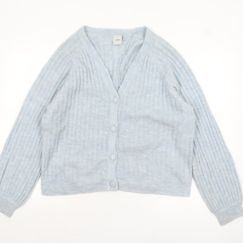ICHI Women Blue V-Neck Ribbed Knit Long Sleeve Cardigan M