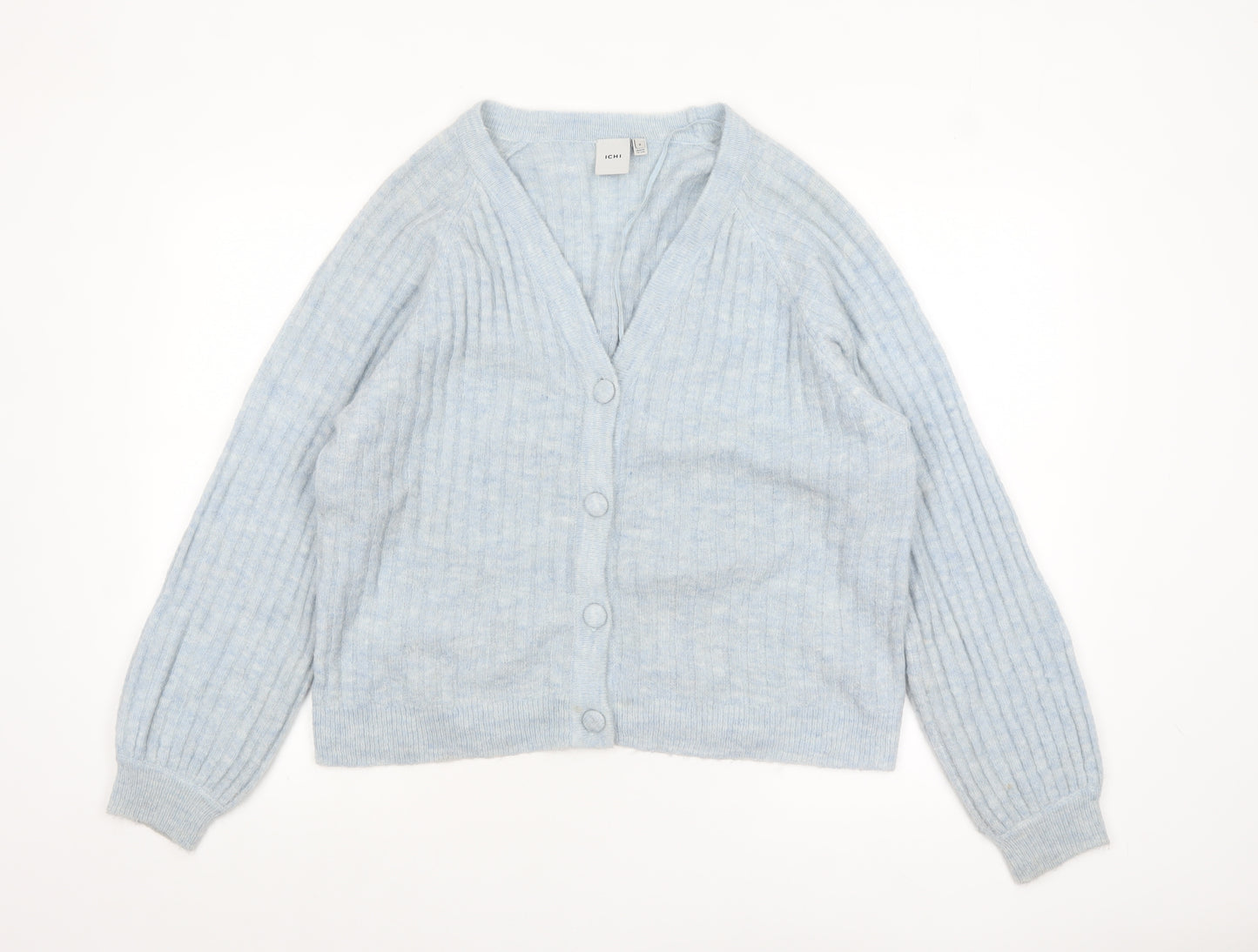 ICHI Women Blue V-Neck Ribbed Knit Long Sleeve Cardigan M