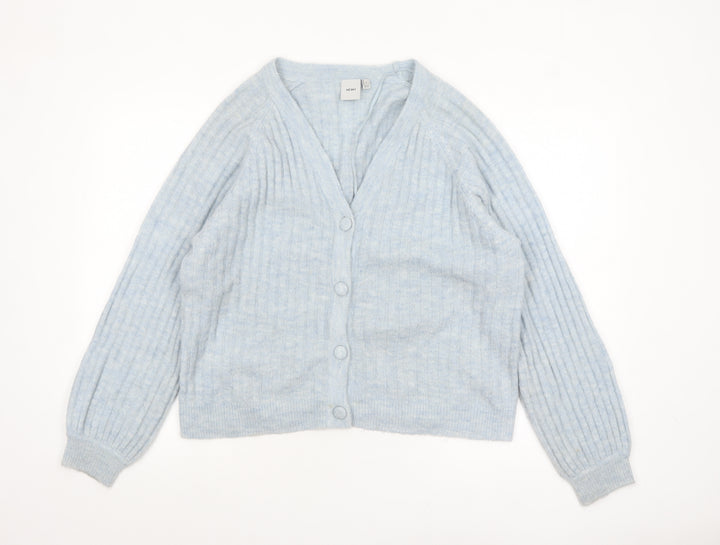 ICHI Women Blue V-Neck Ribbed Knit Long Sleeve Cardigan M