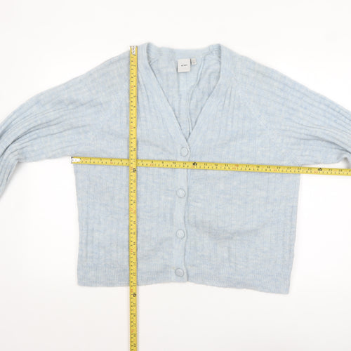 ICHI Women Blue V-Neck Ribbed Knit Long Sleeve Cardigan M