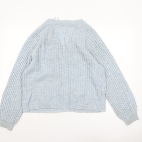 ICHI Women Blue V-Neck Ribbed Knit Long Sleeve Cardigan M