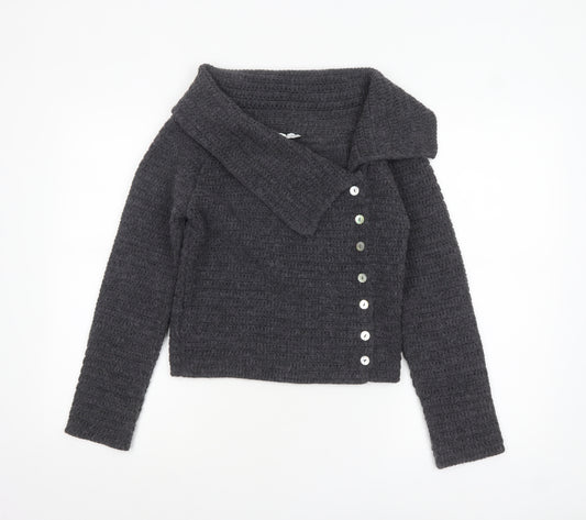 Zara Women Grey Chunky Knit Collared Button Cardigan M