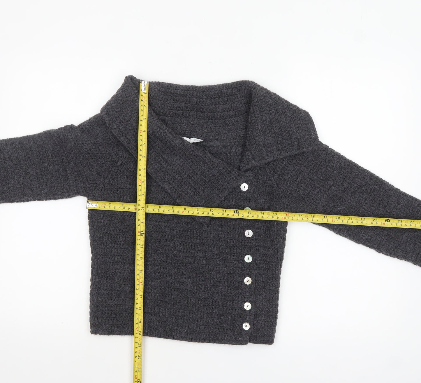 Zara Women Grey Chunky Knit Collared Button Cardigan M