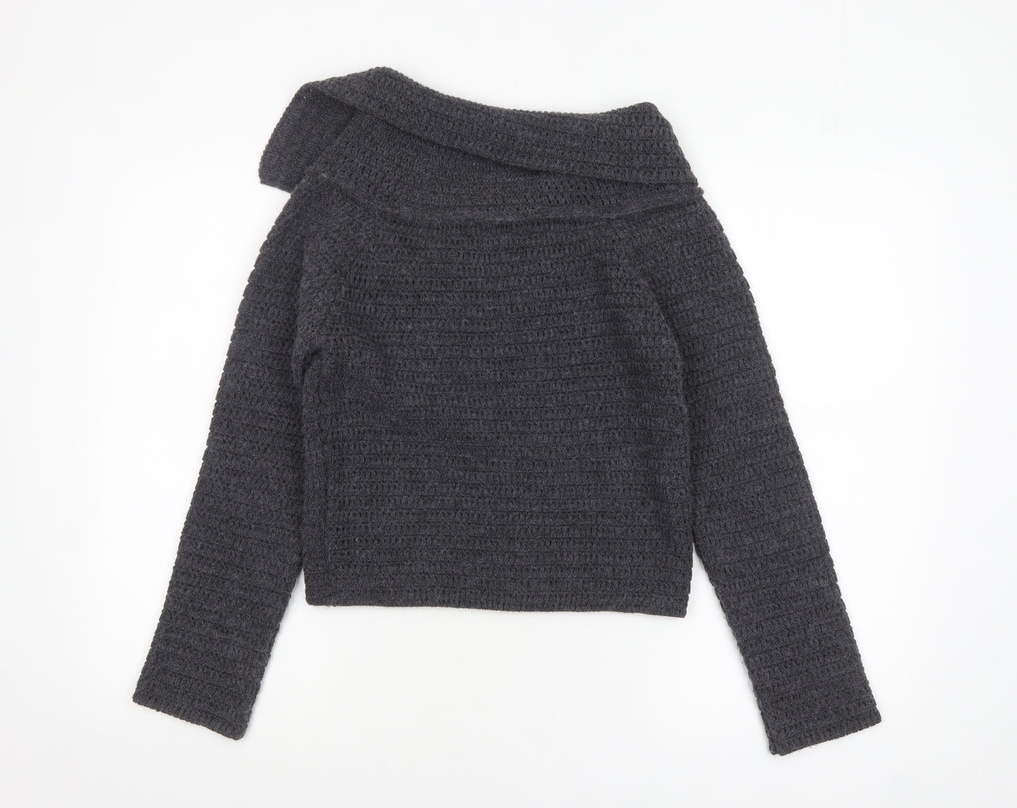 Zara Women Grey Chunky Knit Collared Button Cardigan M