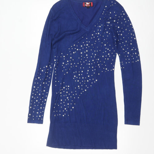 Y London Women Blue Studded V-Neck Bodycon Knit Dress L