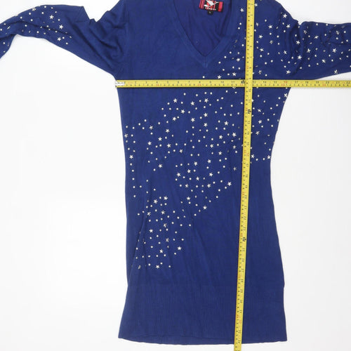 Y London Women Blue Studded V-Neck Bodycon Knit Dress L