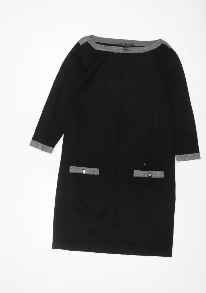 Nine West Women Black Shift Dress S Knit 3/4 Sleeve Bow Detail