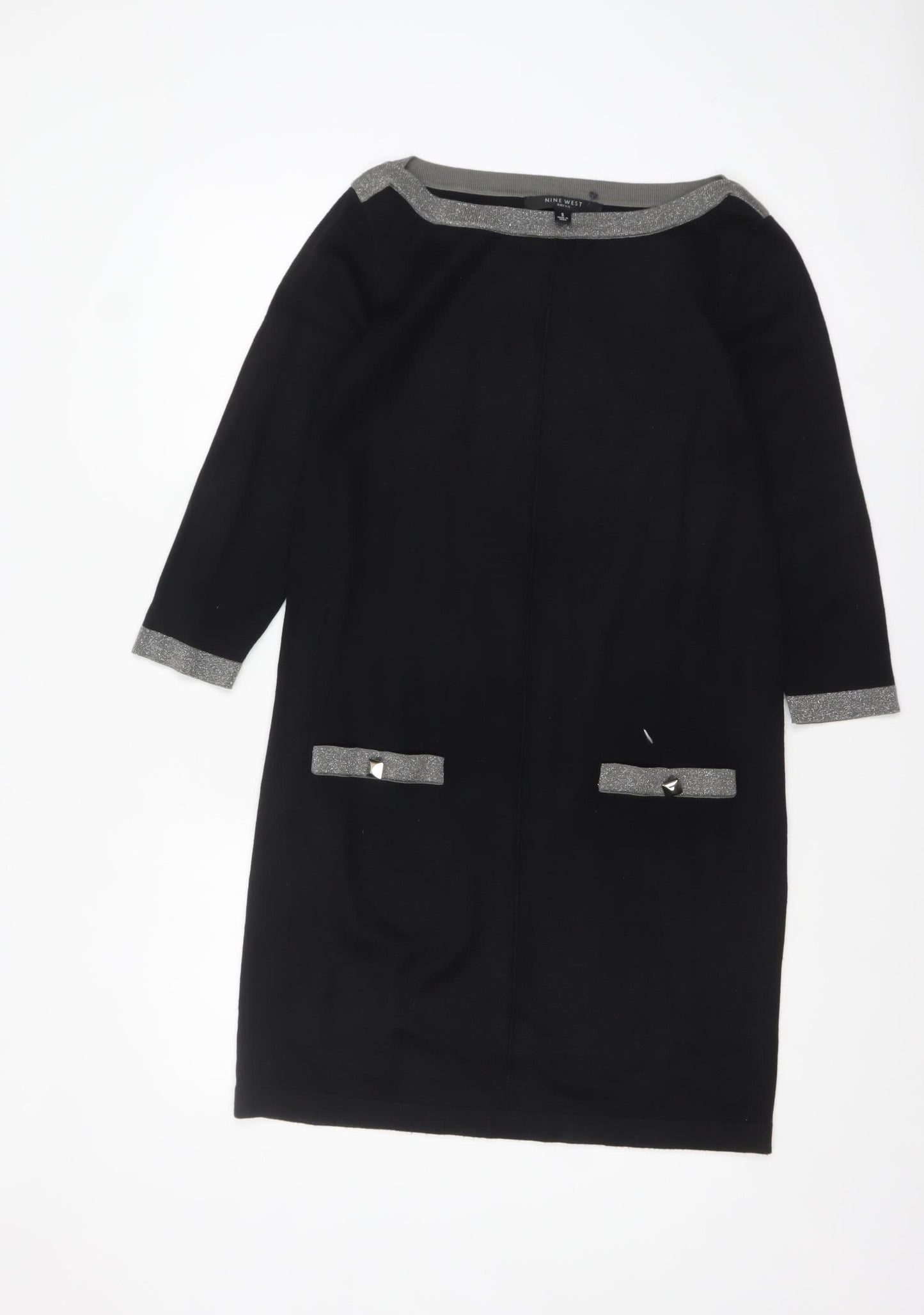 Nine West Women Black Shift Dress S Knit 3/4 Sleeve Bow Detail