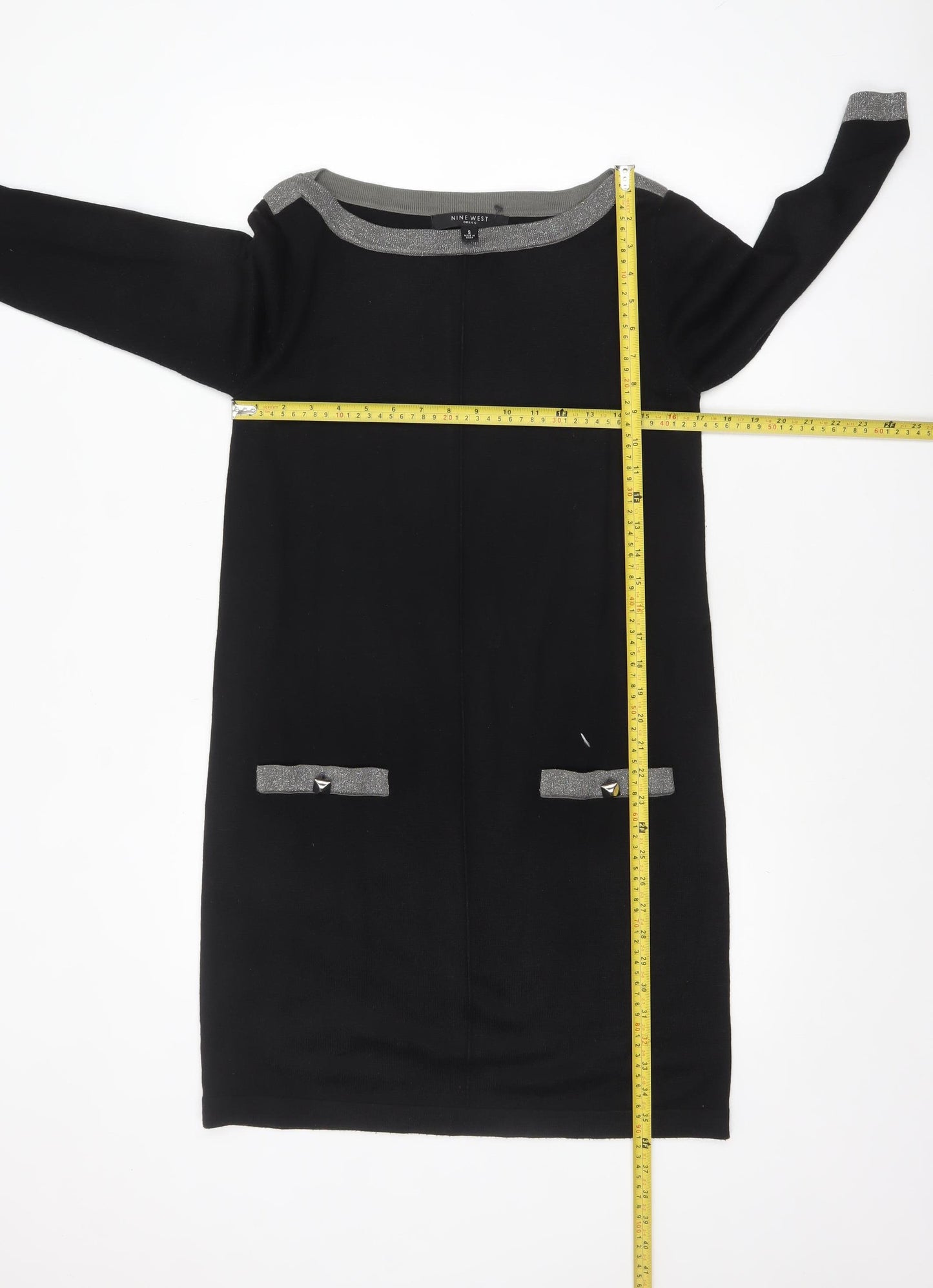 Nine West Women Black Shift Dress S Knit 3/4 Sleeve Bow Detail