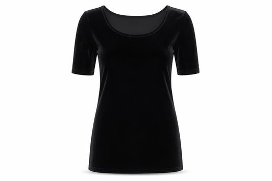 Front view of Next Women's Black Velvet Short Sleeve Scoop Neck Top, size 12