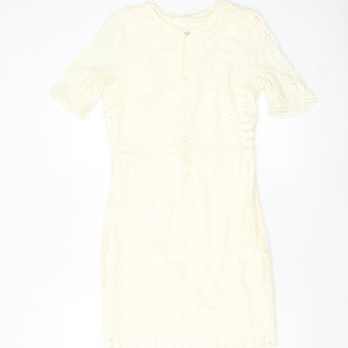 H&M Women Ivory Lace Shift Dress Size 8 Short Sleeve Lined