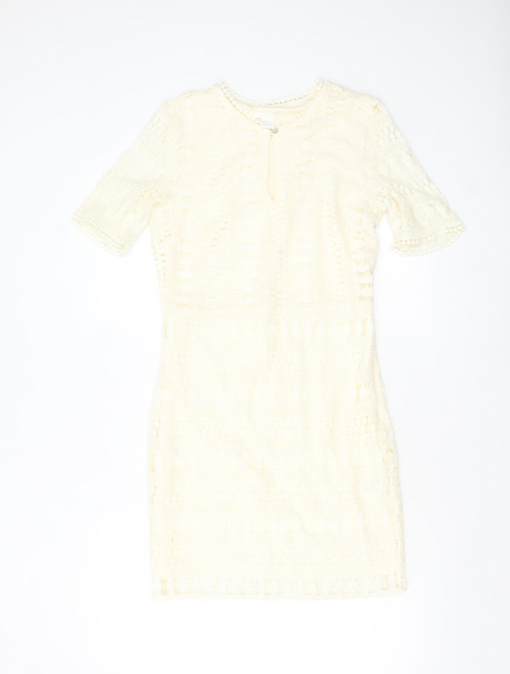 H&M Women Ivory Lace Shift Dress Size 8 Short Sleeve Lined