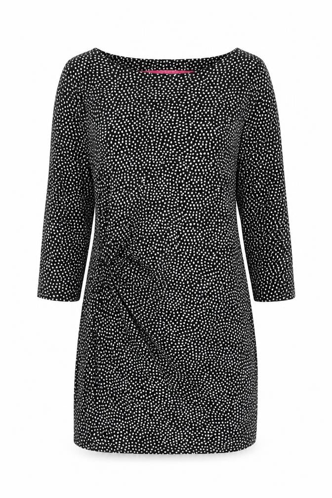 Front view of Joules women’s black polka dot shift dress, size UK 10