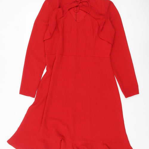 Kaleidoscope Women Red Long Sleeve Ruffle Hem Fit & Flare Dress Size 14