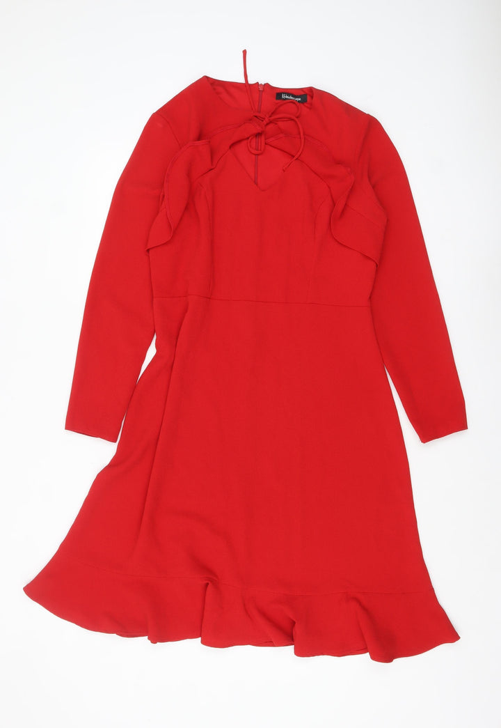 Kaleidoscope Women Red Long Sleeve Ruffle Hem Fit & Flare Dress Size 14