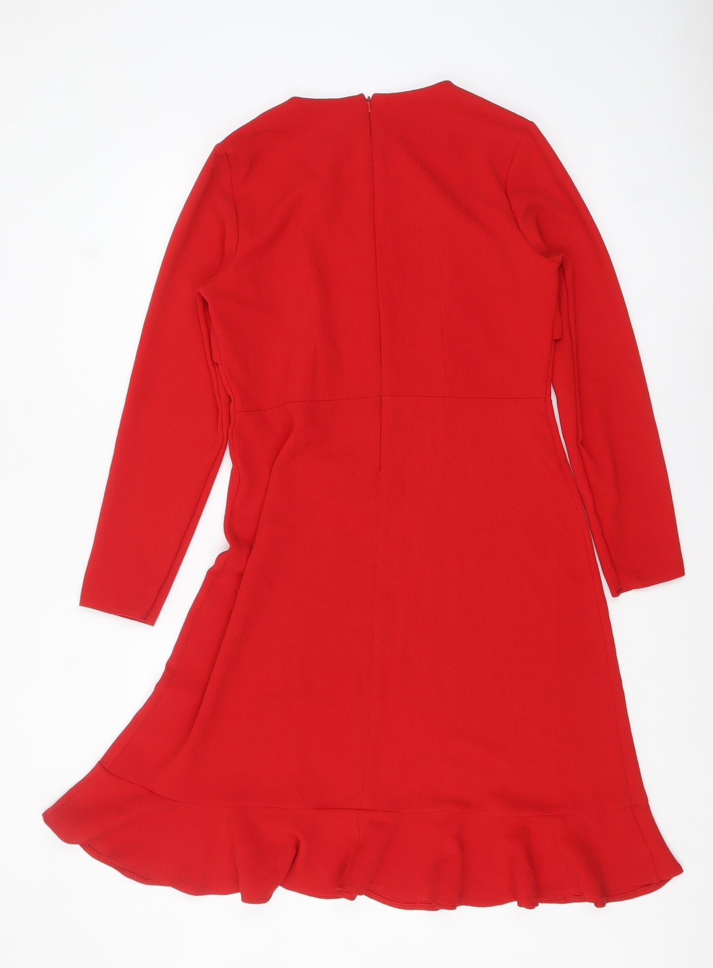 Kaleidoscope Women Red Long Sleeve Ruffle Hem Fit & Flare Dress Size 14