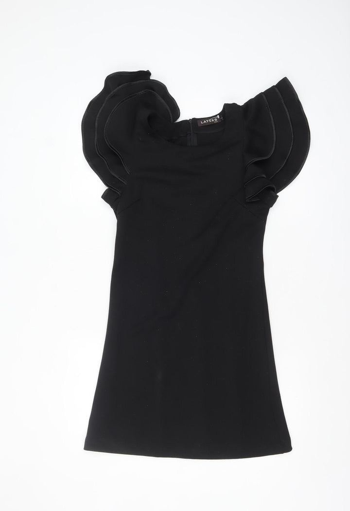 LAYERS Paris Women's Black Short Bodycon Ruffle Sleeve Dress S