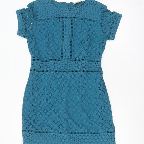 Oasis Women Blue Short Sleeve Lace Sheath Dress Size M