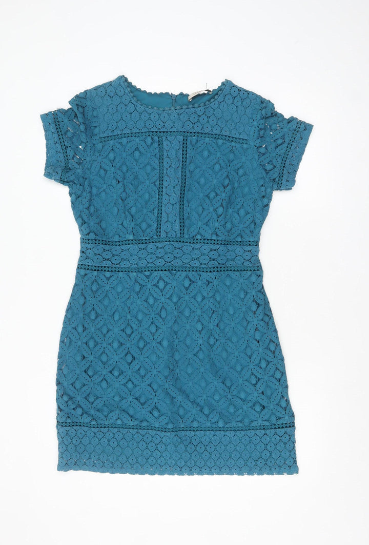 Oasis Women Blue Short Sleeve Lace Sheath Dress Size M