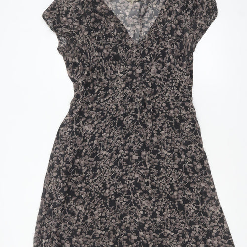 Kew Women’s Black Floral Silk A-Line Short Sleeve Dress Size 14