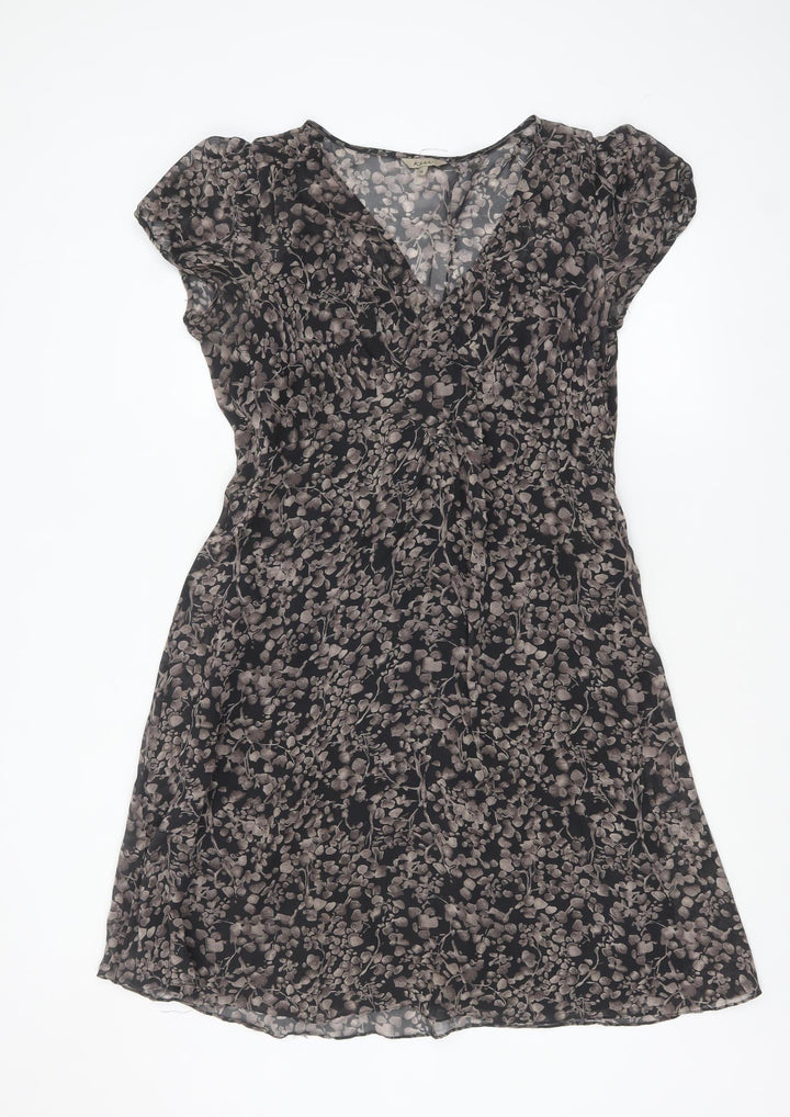 Kew Women’s Black Floral Silk A-Line Short Sleeve Dress Size 14