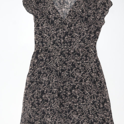 Kew Women’s Black Floral Silk A-Line Short Sleeve Dress Size 14