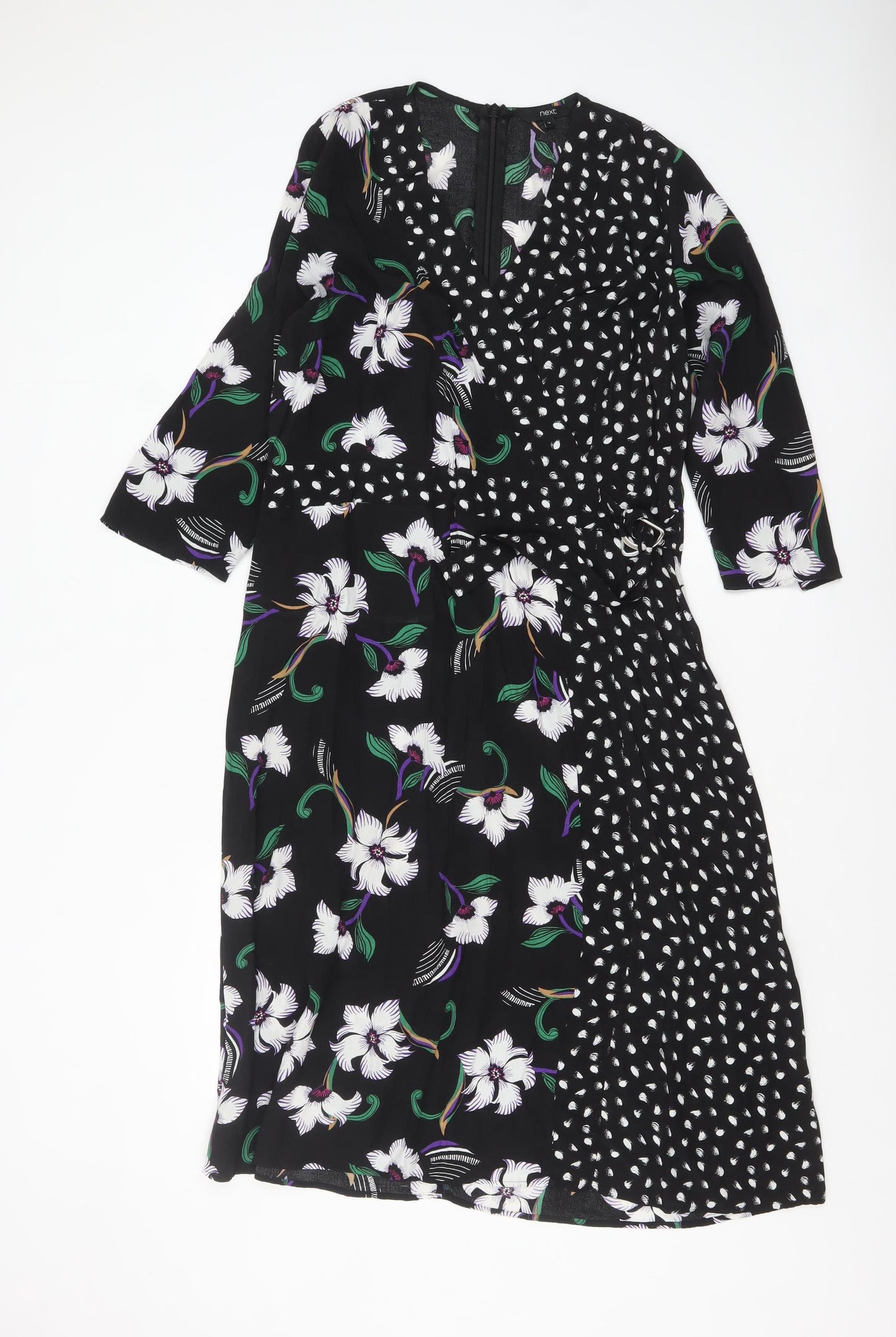 Next Women’s Black Floral A-Line Knee Length Dress Size 14 Viscose