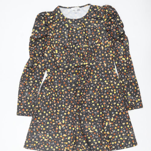 Topshop Womens Multicoloured Floral A-Line Puff Sleeve Dress UK 12