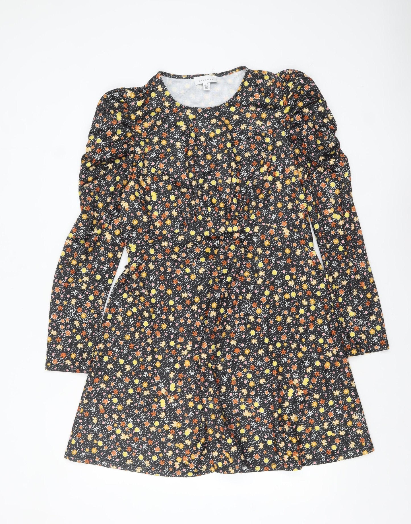 Topshop Womens Multicoloured Floral A-Line Puff Sleeve Dress UK 12